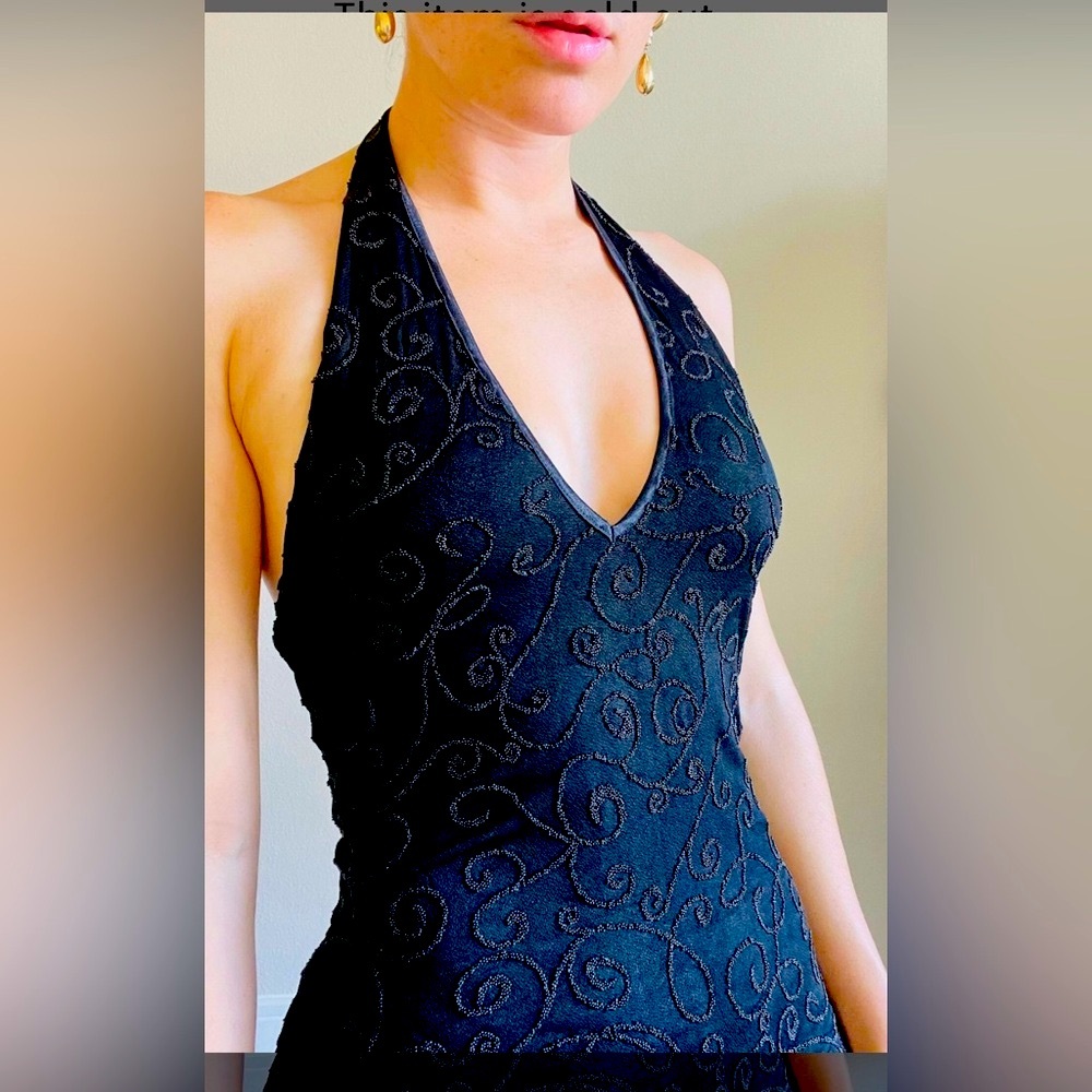 🛍️🛍️ Black Stretch Beaded Maxi Party Dress with Split Hem